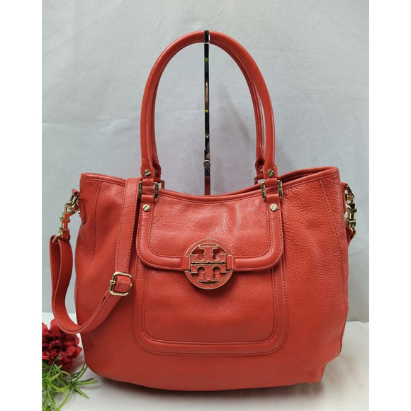 Tory Burch Amanda Red Leather Logo Pockets Satchel Shoulder Bag Purse - Picture 1 of 16